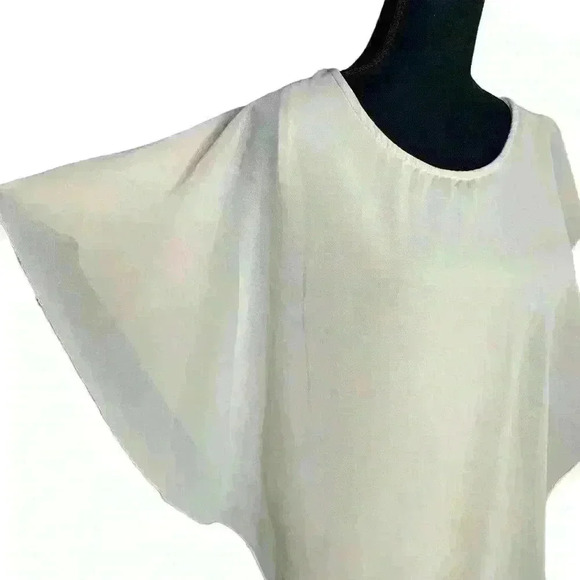 Tianxuan Beige Top Asymmetrical Sleeve. Sheer Overlay. - Picture 1 of 5